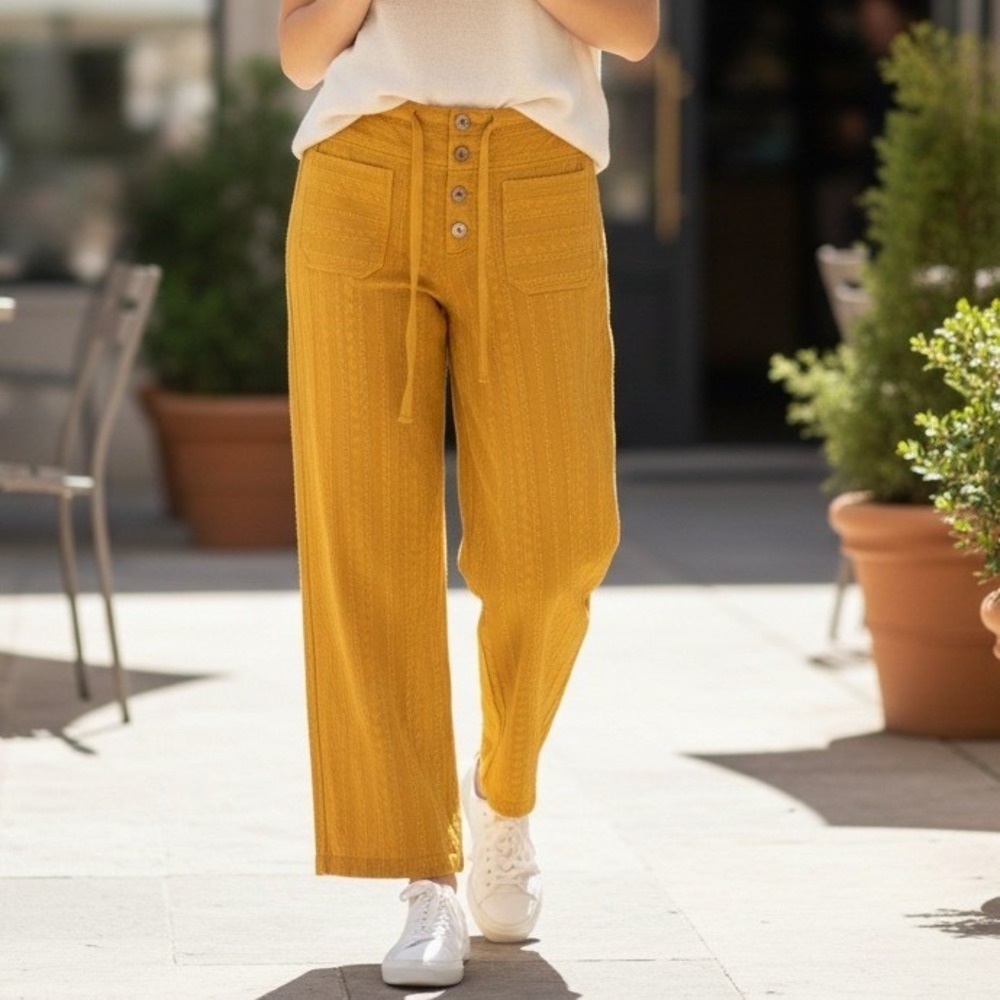 NWT Sundance Womens Pants Petite XS Yellow Eyelet Patch Pocket Wide Leg Pants